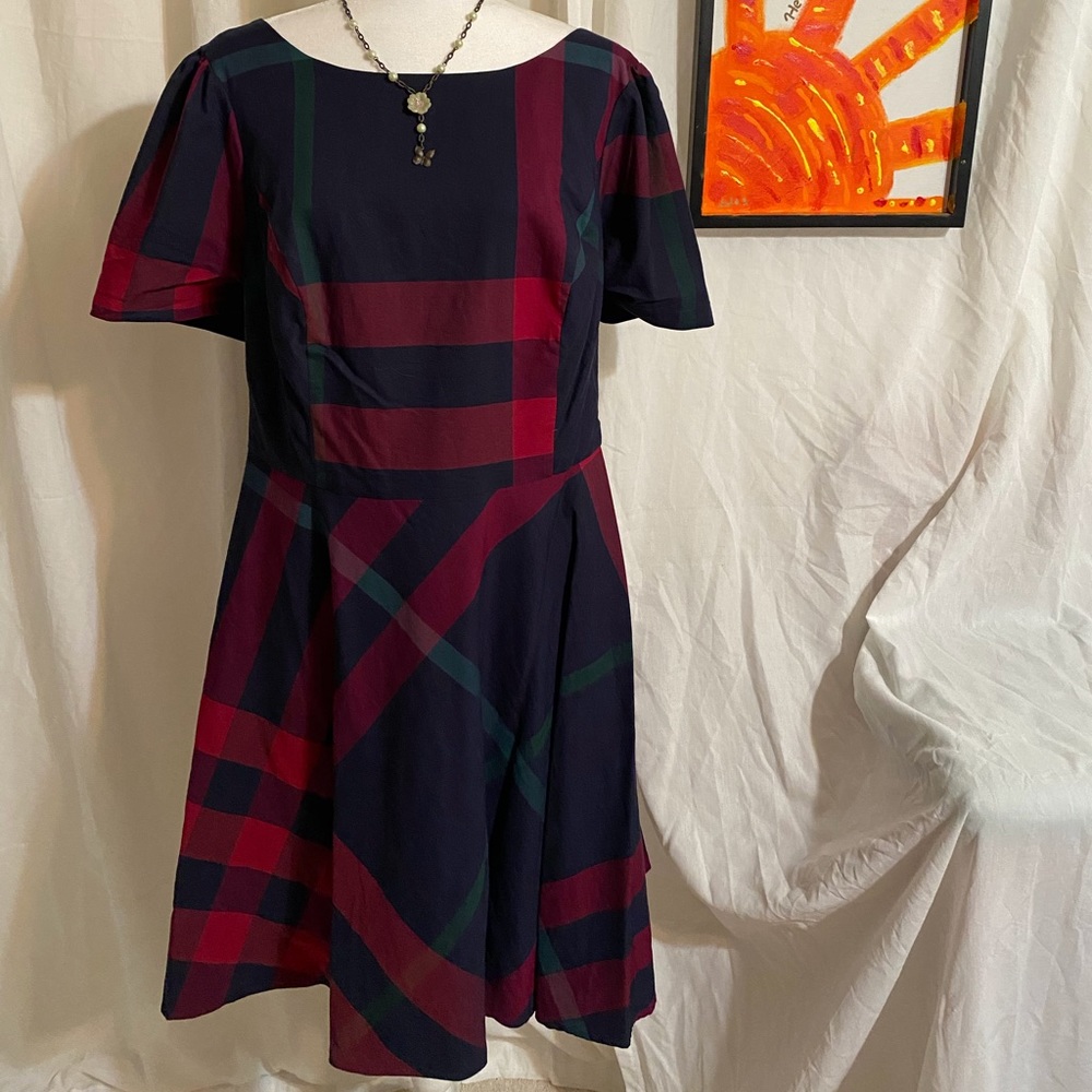 ModCloth Navy Dress with Red and Green Plaid Midi